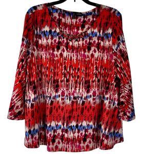 New Directions Woman 3/4-Sleeve Abstract Ikat Print Chain Detail Top PXL